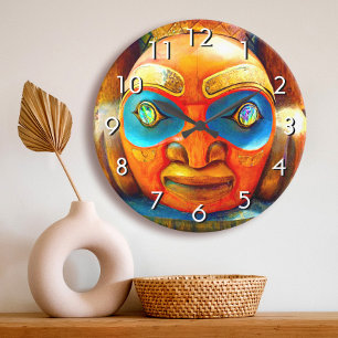 Carved wood totem face photo bold graphic colourfu large clock