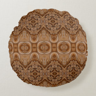 Carved wood wall closeabstract, ancient, antique, round cushion