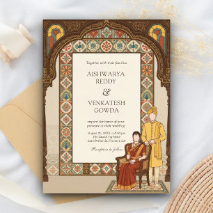Carved Wooden Archway South Indian Couple Wedding Invitation