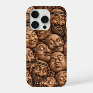 Carved Wooden Faces Vintage Boho Pattern iPhone 15 Pro Case