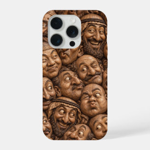 Carved Wooden Faces Vintage Boho Pattern iPhone 15 Pro Case