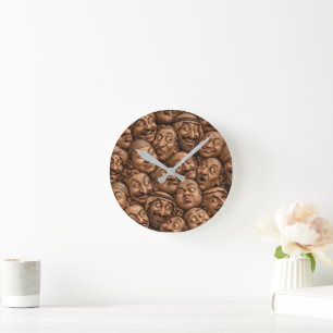 Carved Wooden Faces Vintage Boho Pattern Round Clock