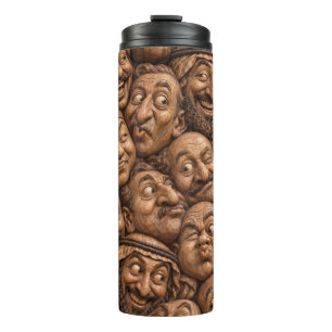 Carved Wooden Faces Vintage Boho Pattern Thermal Tumbler