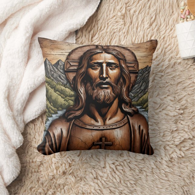 Carved Wooden Portrait of Jesus Amid Nature Cushion (Blanket)