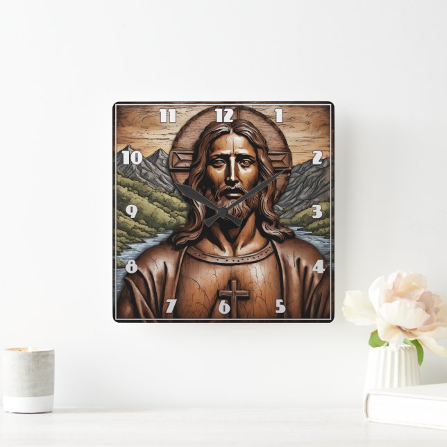 Carved Wooden Portrait of Jesus Amid Nature Square Wall Clock (Home)
