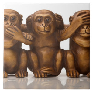 Carving of three wooden monkeys ceramic tile