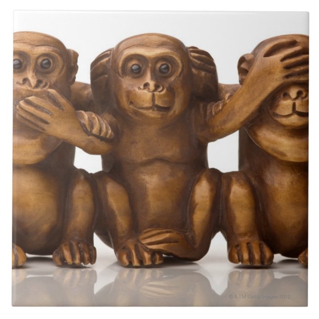 Carving of three wooden monkeys ceramic tile (Front)