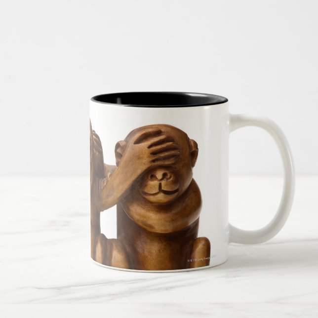 Carving of three wooden monkeys Two-Tone coffee mug (Right)