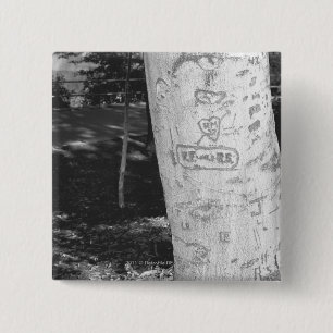 Carving on birch tree trunk B&W 15 Cm Square Badge