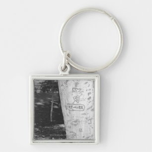 Carving on birch tree trunk B&W Key Ring