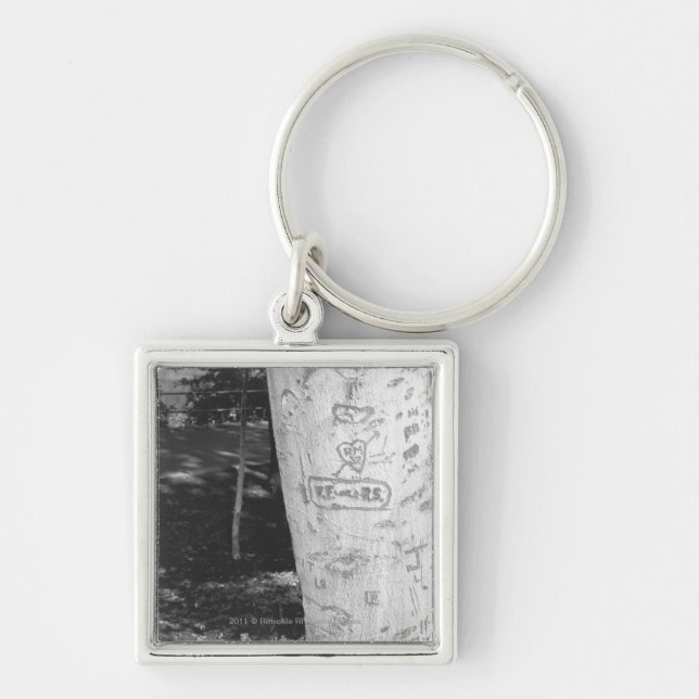 Carving on birch tree trunk B&W Key Ring (Front)