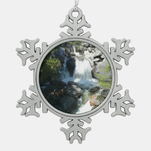 Cascade Falls at Yosemite National Park Snowflake Pewter Christmas Ornament (Front)