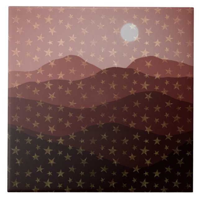 Cascade of Golden Stars over Brown Mountains  Ceramic Tile (Front)