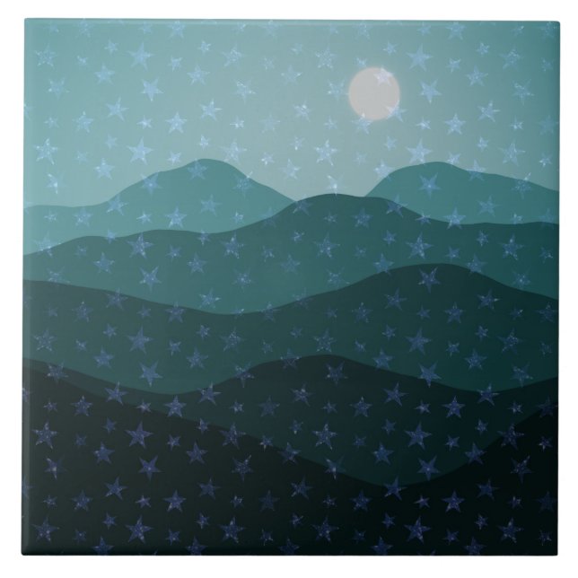 Cascade of Stars over Teal Mountains Abstract Ceramic Tile (Front)