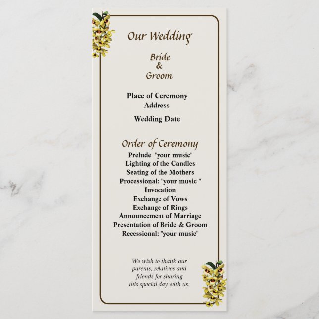Cascade of Yellow Orchids Wedding Program (Front)