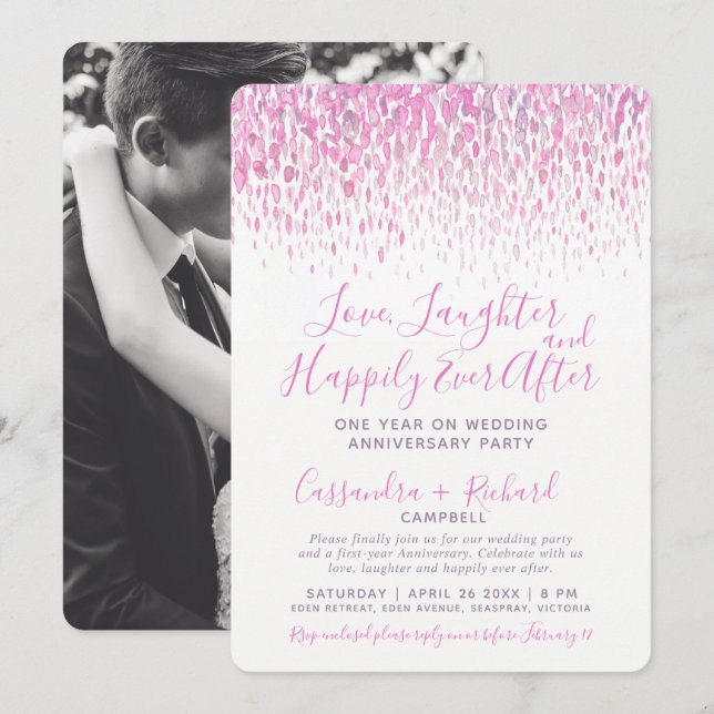 Cascade pink purple art one year on wedding party invitation (Front/Back)