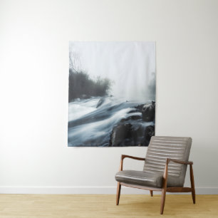 Cascade waterfall on foggy mystical morning tapestry