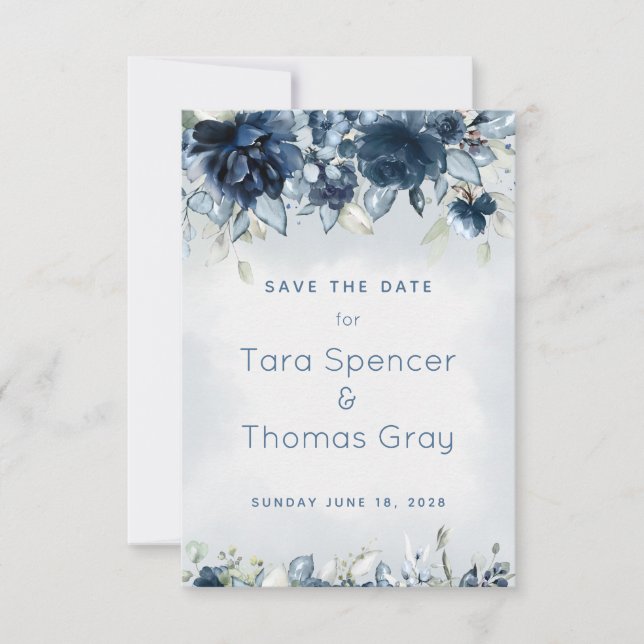 Cascading Dusty Blue Peony Wedding Save The Date (Front)