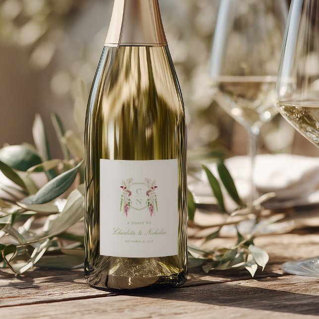 Cascading Floral Monogram Crest Wedding Wine Label (Creator Uploaded)