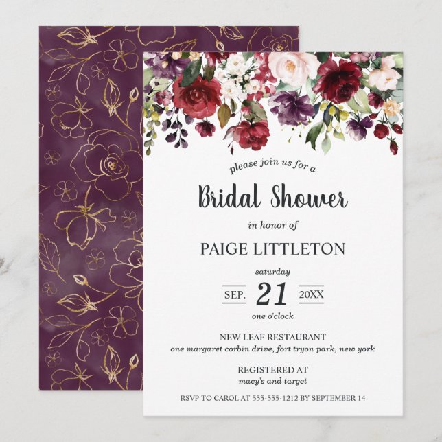 Cascading Flowers in Red and Purple Bridal Shower Invitation (Front/Back)