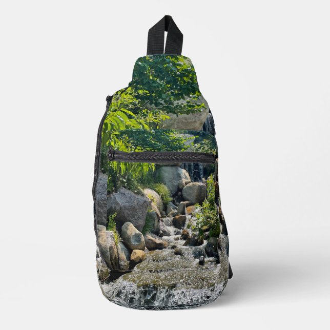 Cascading forest waterfall | forest greenery   sling bag (Front)