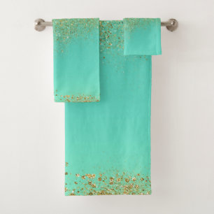 Cascading Gold Glitter & Teal Aqua Glam Modern Bath Towel Set