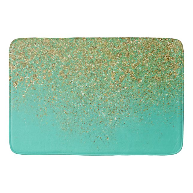 Cascading Gold Glitter & Teal Aqua Glam Trendy Bath Mat (Front)