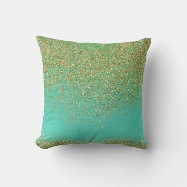 Cascading Gold Glitter & Teal Aqua Glam Trendy Cushion (Front)