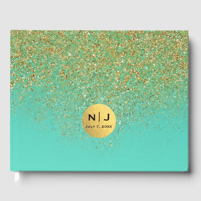 Cascading Gold Glitter & Teal Aqua Glam Trendy Guest Book (Front)