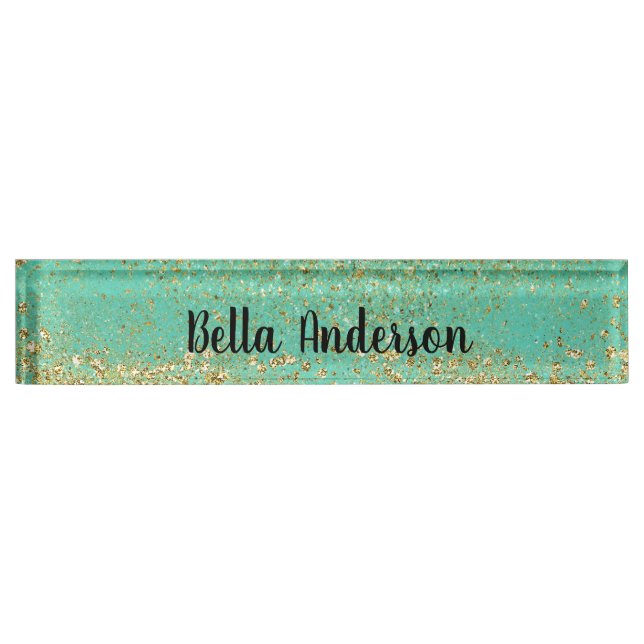 Cascading Gold Glitter & Teal Aqua Glam Trendy Nameplate (Front)