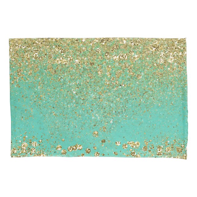 Cascading Gold Glitter & Teal Aqua Glam Trendy Pillowcase (Front)