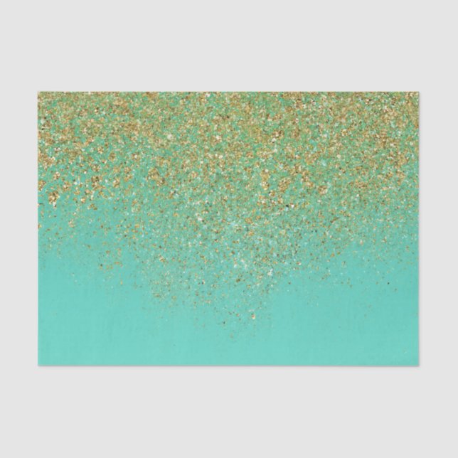 Cascading Gold Glitter & Teal Aqua Glam Trendy Tissue Paper (Front)