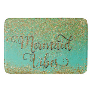Cascading Gold Glitter & Teal Aqua MERMAID VIBES Bath Mat
