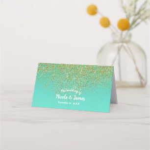 Cascading Gold Glitter Teal Aqua Party Table Seat Place Card