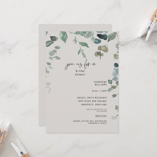 Cascading Greenery Neutral Bridal Shower Invitation (Front/Back In Situ)