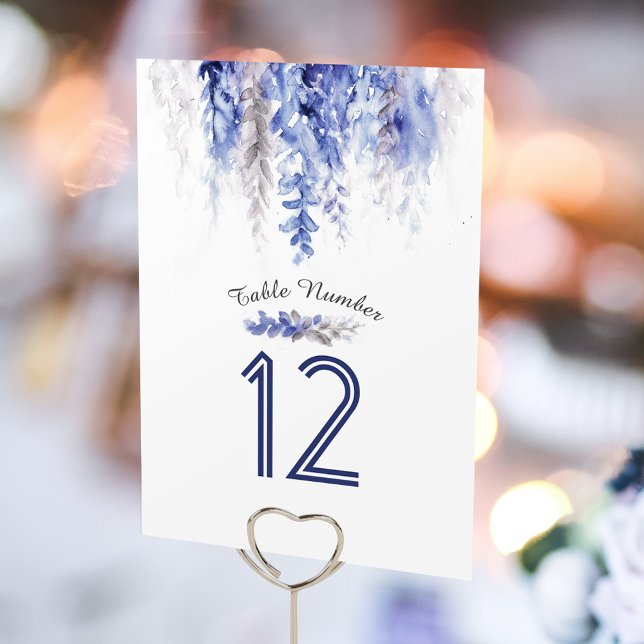 Cascading leaves grey blue watercolor table number (Creator Uploaded)