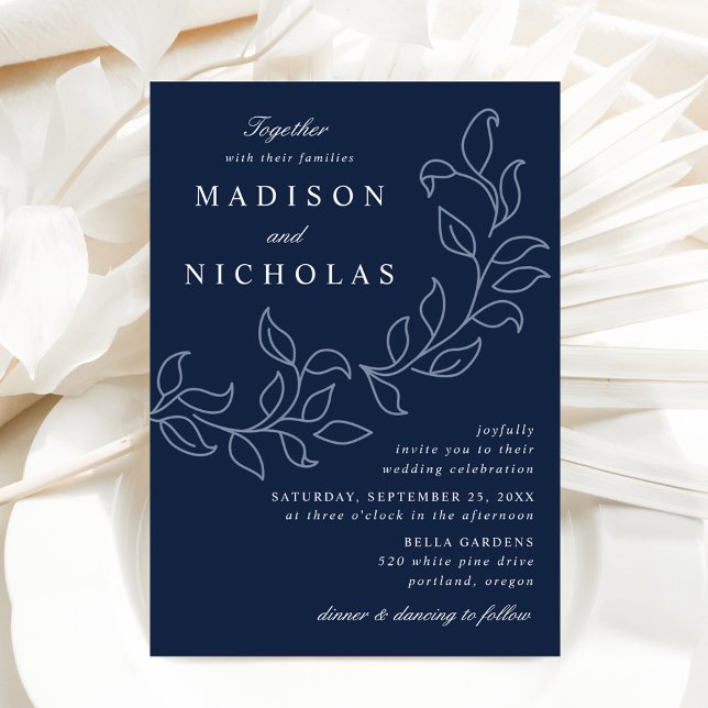 Cascading Leaves Navy Wedding Invitation (Creator Uploaded)