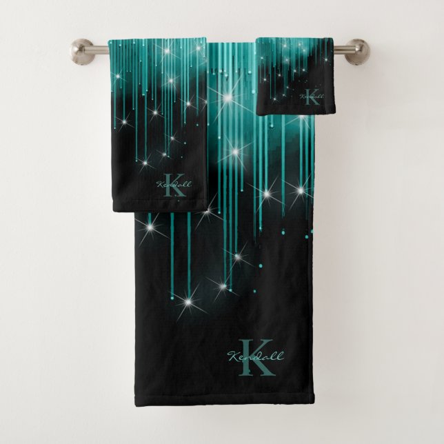 Cascading Lights Monogram Teal ID789 Bath Towel Set (Insitu)