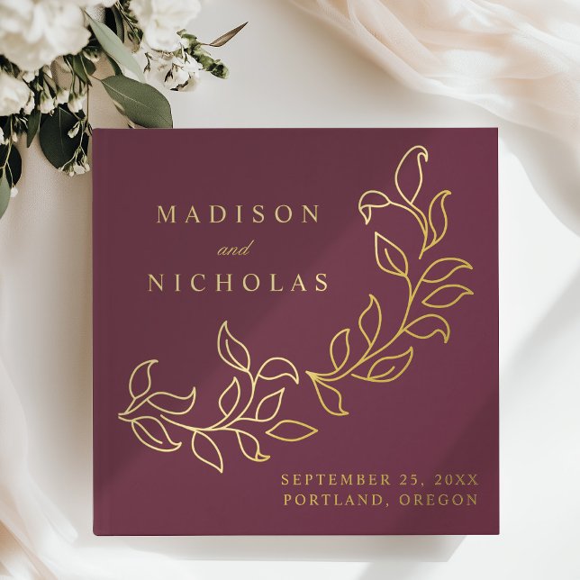 Cascading Merlot and Gold Foil Leaves Wedding Guest Book (Creator Uploaded)