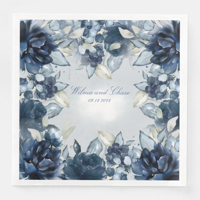 Cascading Navy Peonies Wedding Napkin (Front)