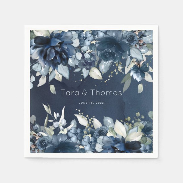 Cascading Peonies Wedding Navy Cocktail Napkins (Front)