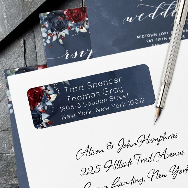 Cascading Peony Burgundy Navy Return Address Label (Creator Uploaded)
