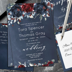 Cascading Peony Burgundy Navy Wedding Invitation