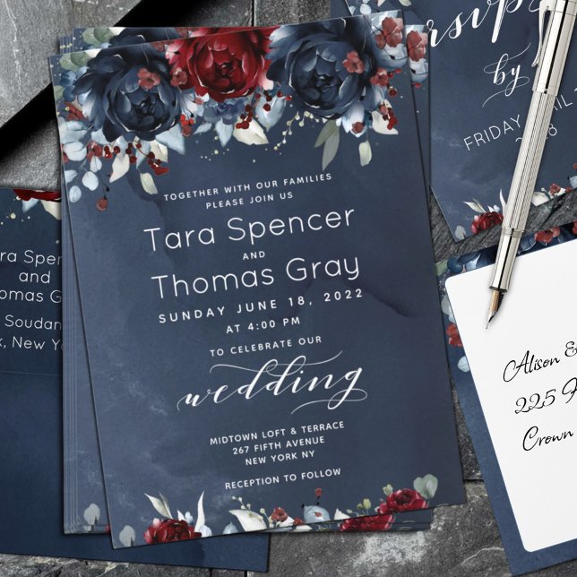 Cascading Peony Burgundy Navy Wedding Invitation (Creator Uploaded)