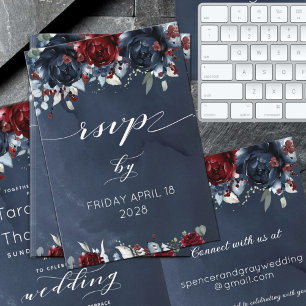 Cascading Peony Burgundy Navy Wedding Online RSVP Card