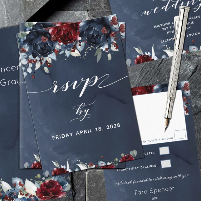 Cascading Peony Burgundy Navy Wedding RSVP (Creator Uploaded)