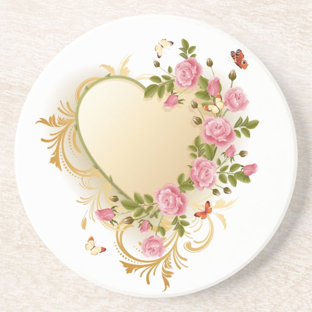 Cascading Roses Gold Heart Coaster (Front)