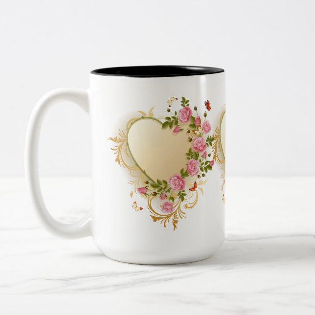 Cascading Roses Gold Heart Two-Tone Coffee Mug (Left)