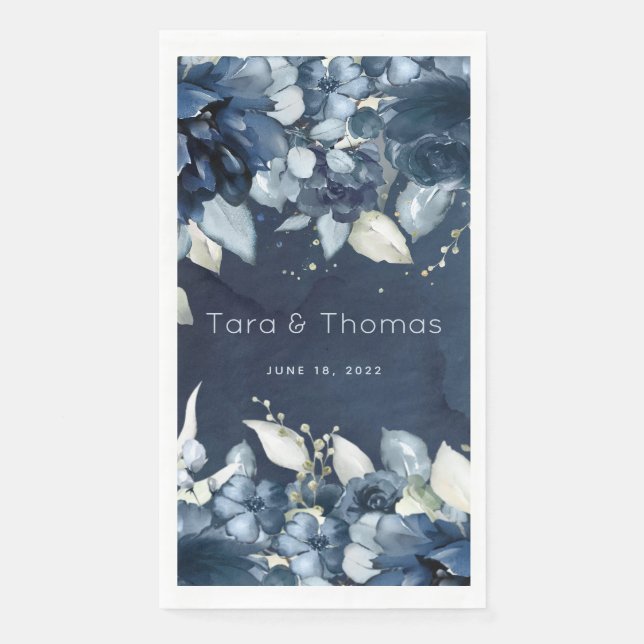 Cascading Roses Wedding Long Navy Dinner Napkin (Front)