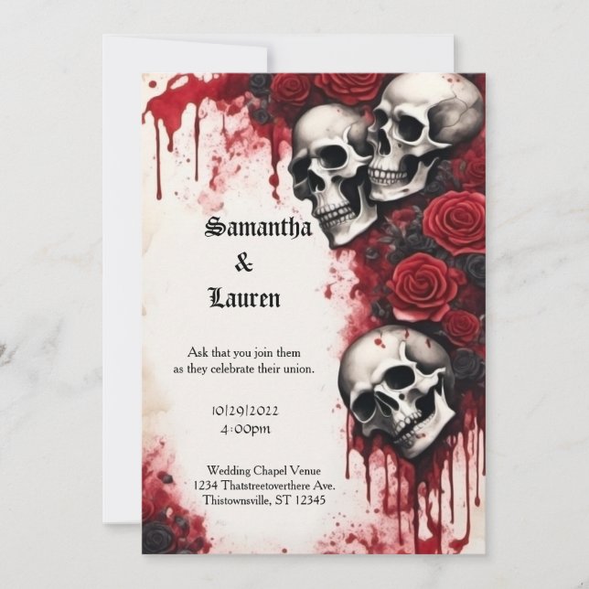 Cascading Skulls and Roses Goth Wedding Invitation (Front)